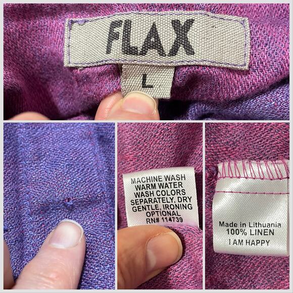 Flax (Jeanne Engelhart) Purple Linen Blouse, Swingy Short Sleeve Lavender Top L - Picture 9 of 10